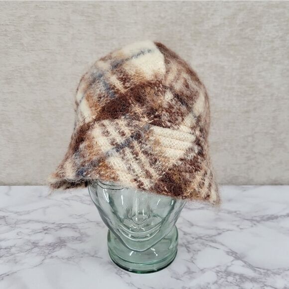 The Scotch House Plaid Mohair and Wool Bucket Hat Brown Cream Vintage - Picture 1 of 12